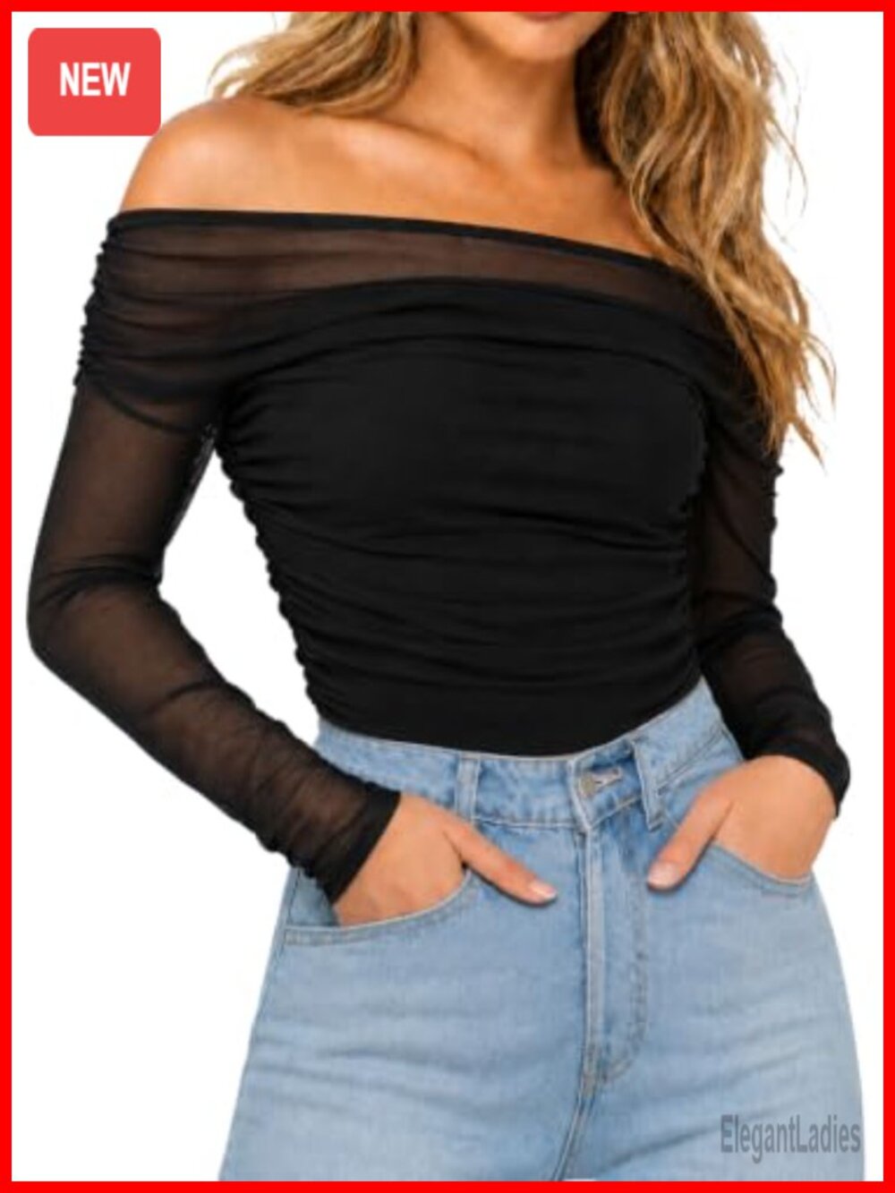 Sheer Mesh Off Shoulder Long Sleeve Ruched Slim Fit Blouse